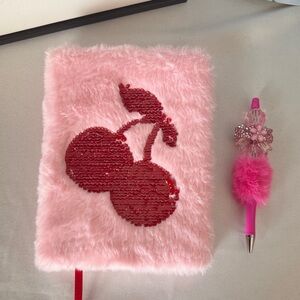 Pink Furry Cherry Sequin Notebook and Pen Set NWOT